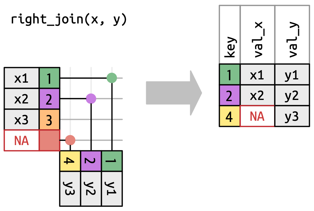 Compared to the previous diagram showing an left join, the x table now gains a virtual row so that every row in y gets a match in x. val_x contains NA for the row in y that didn't match x.