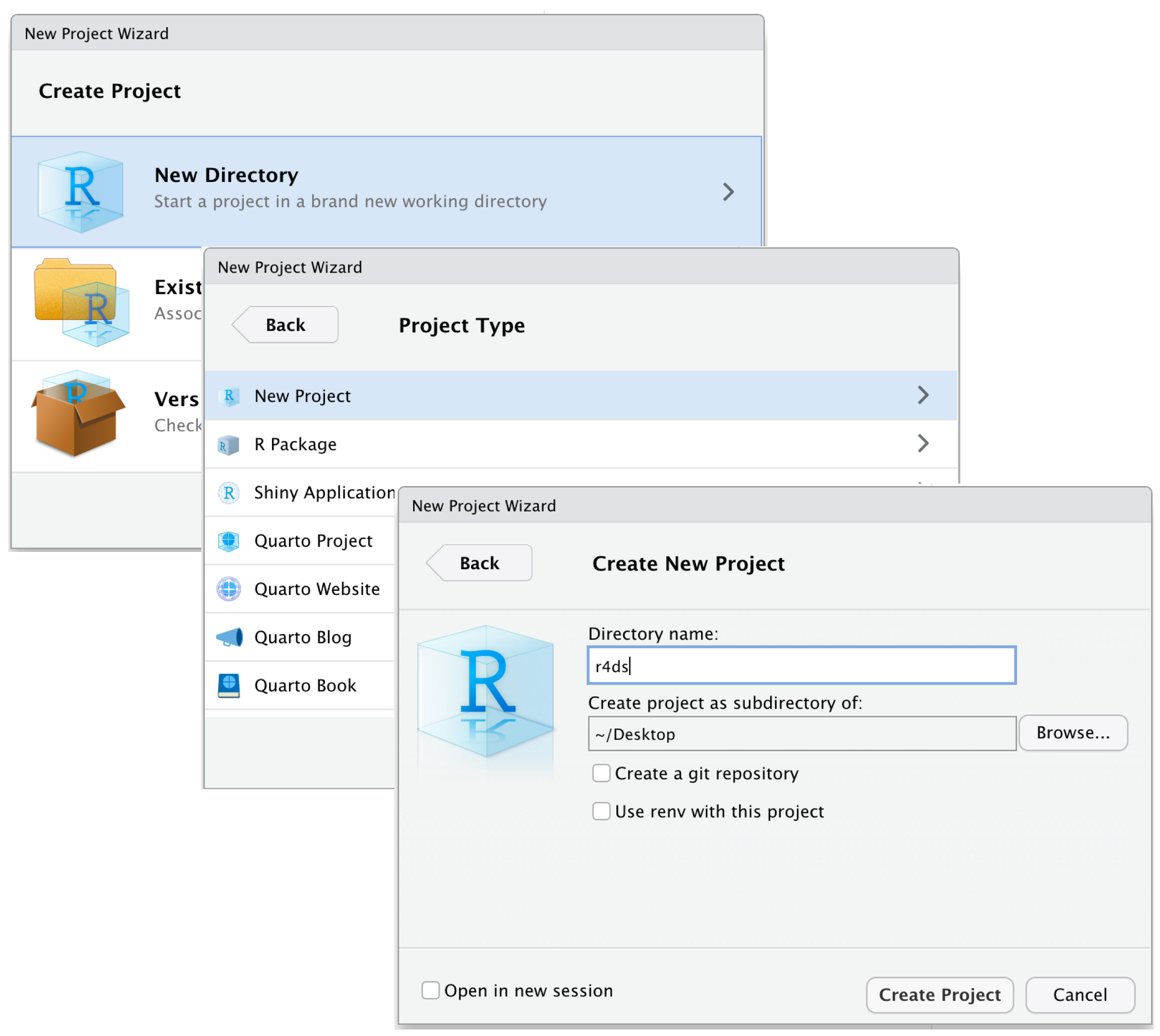 Figure 6.5: To create new project: (top) first click New Directory, then (middle) click New Project, then (bottom) fill in the directory (project) name, choose a good subdirectory for its home and click Create Project.