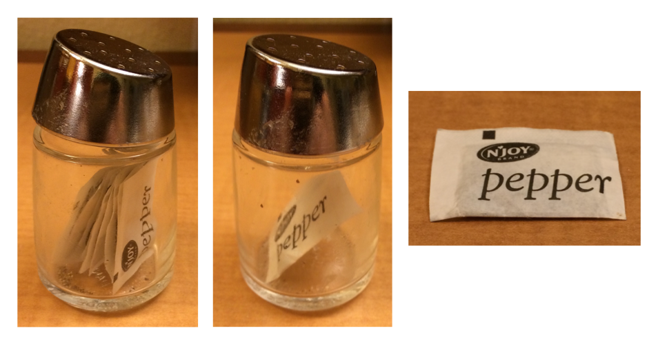 Three photos. On the left is a photo of a glass pepper shaker. Instead of the pepper shaker containing pepper, it contains a single packet of pepper. In the middle is a photo of a single packet of pepper. On the right is a photo of the contents of a packet of pepper.