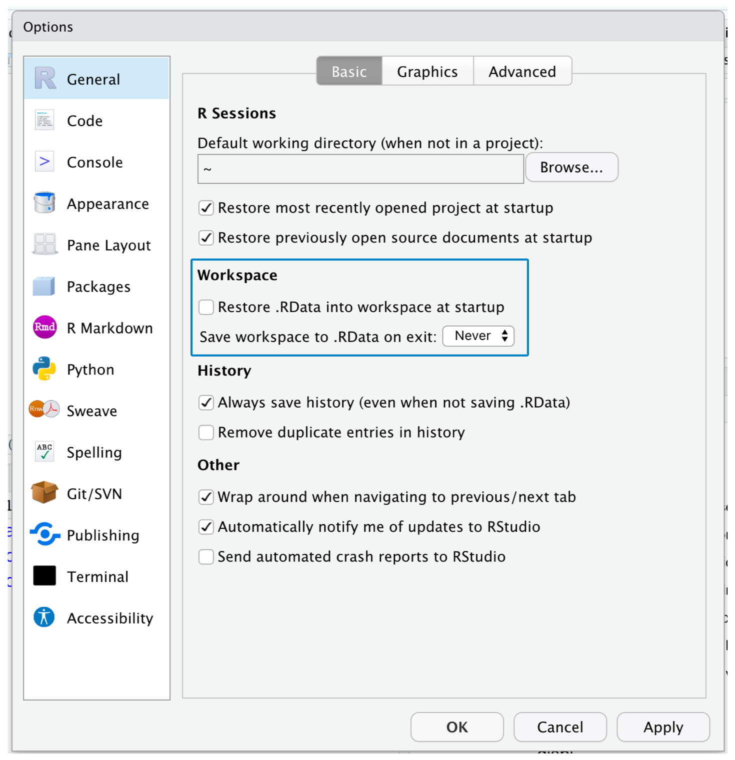 Figure 6.3: Copy these options in your RStudio options to always start your RStudio session with a clean slate.