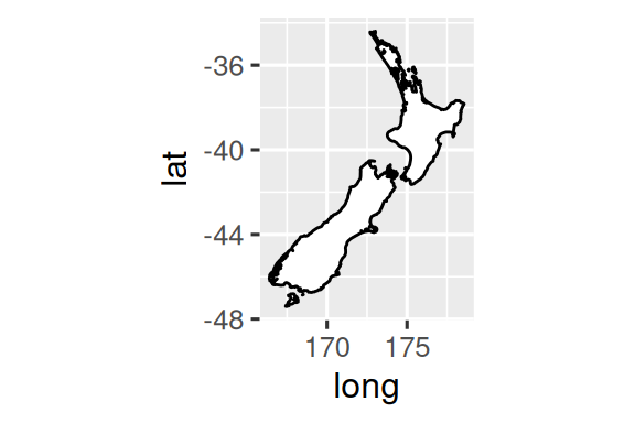 Two maps of the boundaries of New Zealand. In the first plot the aspect  ratio is incorrect, in the second plot it is correct.