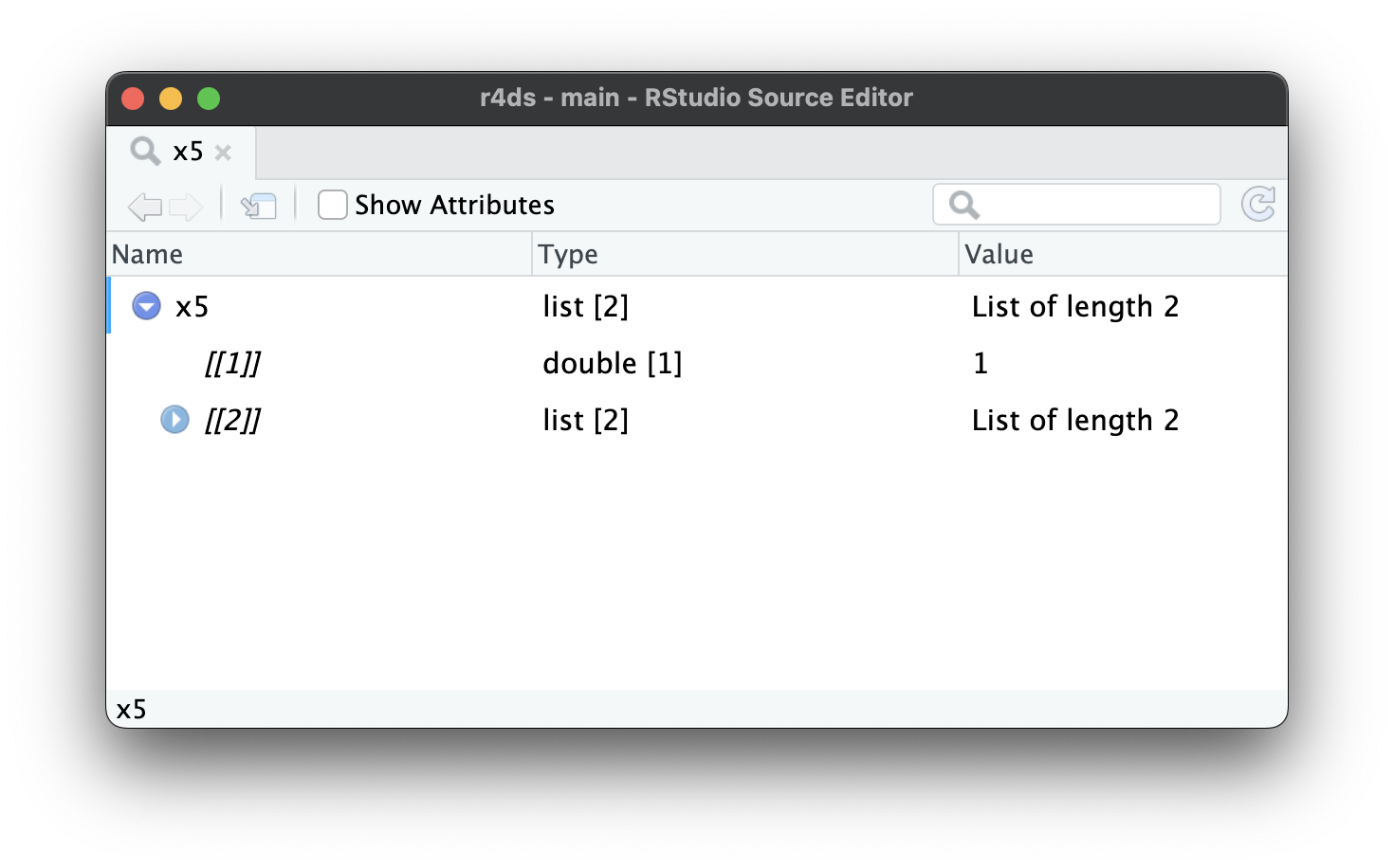 A screenshot of RStudio showing the list-viewer. It shows the two children of x4: the first child is a double vector and the second child is a list. A rightward facing triable indicates that the second child itself has children but you can't see them. 