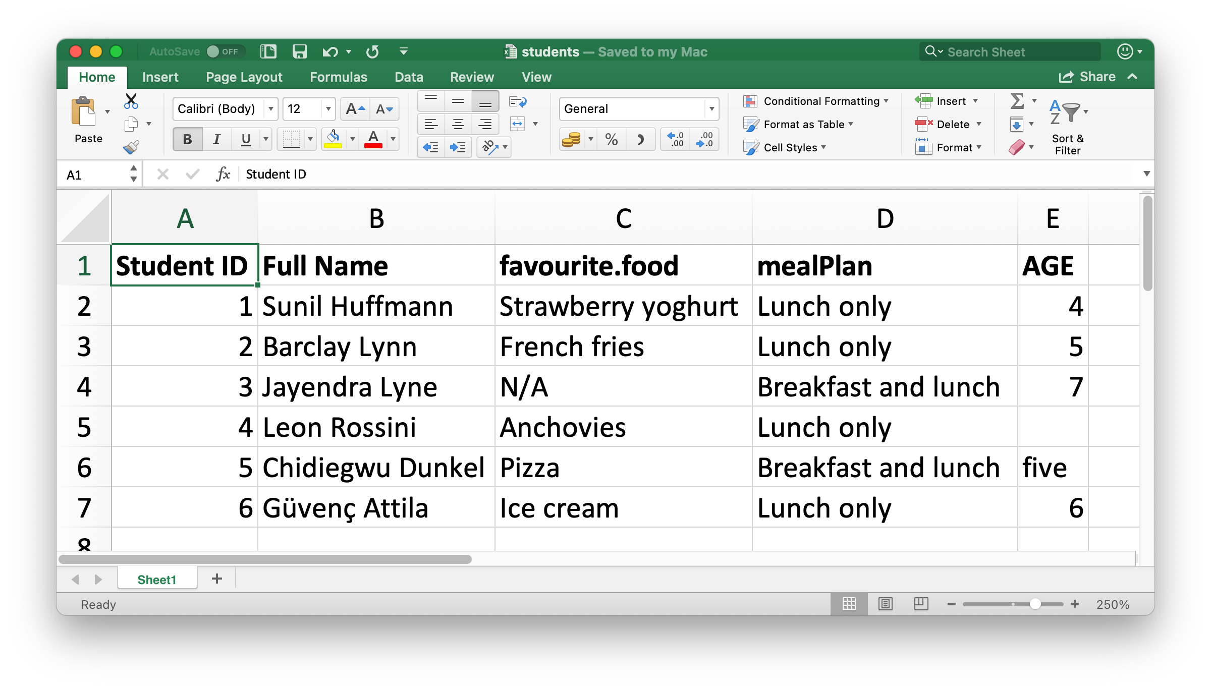 A look at the students spreadsheet in Excel. The spreadsheet contains  information on 6 students, their ID, full name, favourite food, meal plan,  and age.