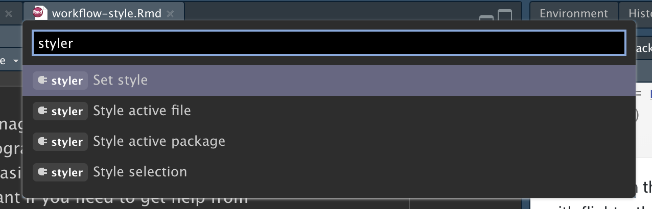 A screenshot showing the command palette after typing "styler", showing the four styling tool provided by the package.