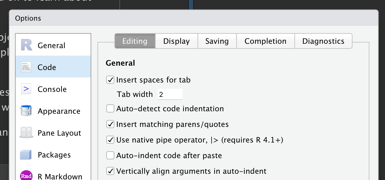 Screenshot showing the "Use native pipe operator" option which can be found on the "Editing" panel of the "Code" options.