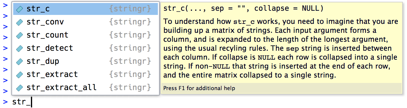 str_c typed into the RStudio console with the autocomplete tooltip shown on top, which lists functions beginning with str_c. The funtion signature and beginning of the man page for the highlighted function from the autocomplete list are shown in a panel to its right.